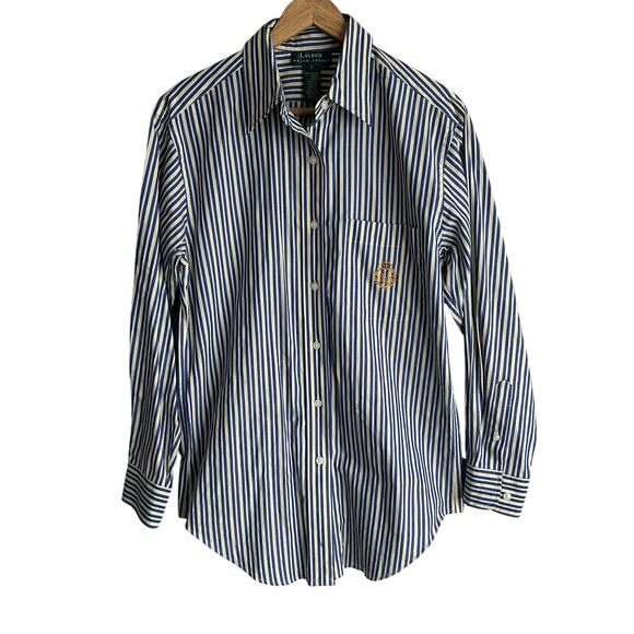 Lauren Ralph Lauren Striped Crest Embroidered Cotton Button Up Shirt 4 - Picture 1 of 7